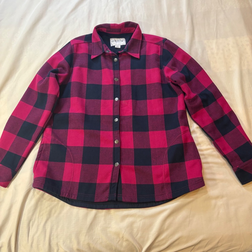 Orvis‎ Womens Large Pink Blue Buffalo Plaid Fleece Lined Shirt Jacket Coat